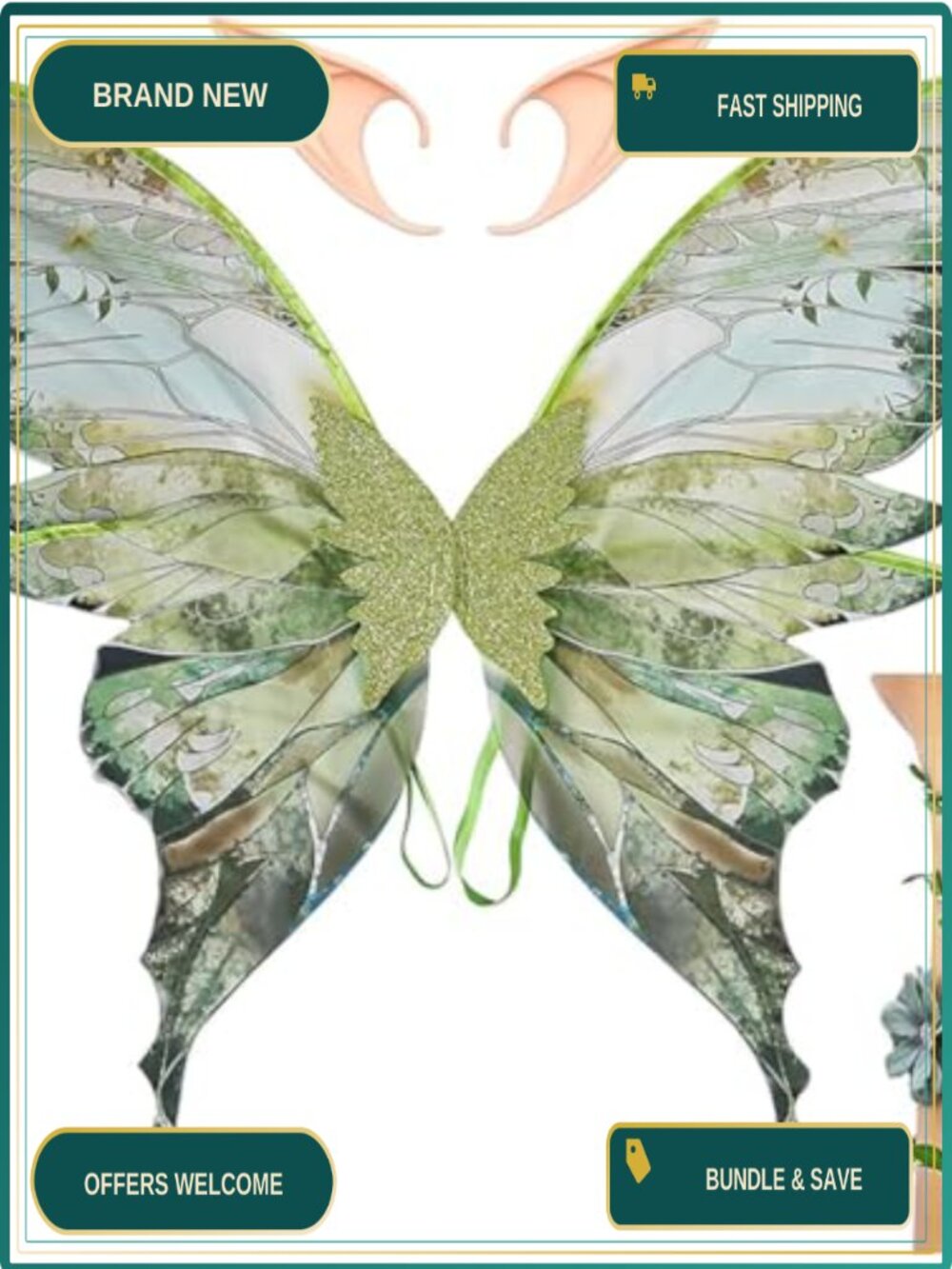 Fairy Wings Costume Set with Elf Ears & Floral Arm Wrap for Cosplay Party